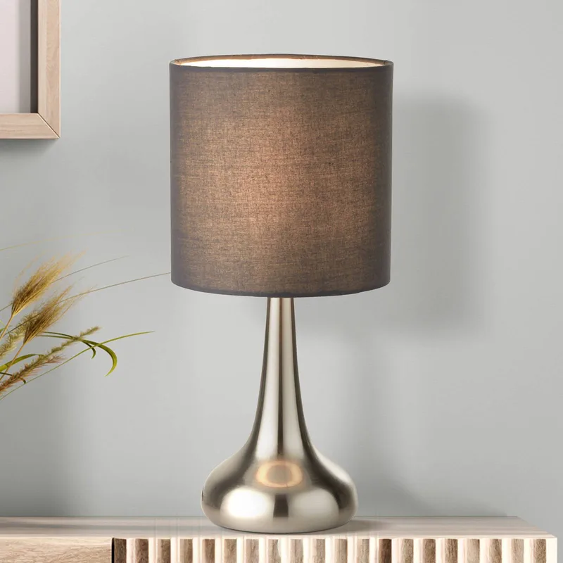 Tafellamp Neraiah, grijs/zilver, textiel, 34 cm, dimbaar de Searchlight en Gris foncé, Argent – photo produit