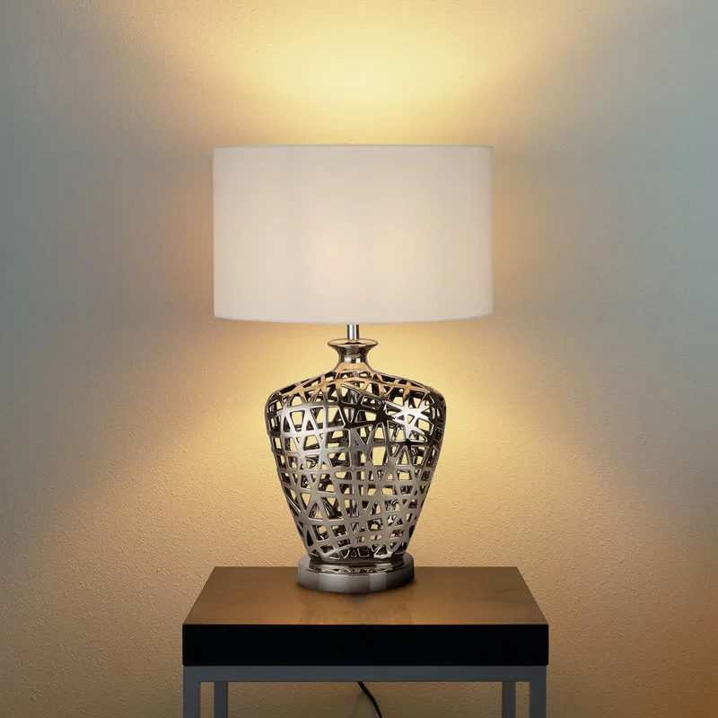 Network Large bordlampe med oval tekstilskærm fra Searchlight i Krom, Hvid – produktbillede