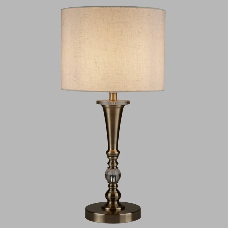 Tafellamp Oscar met kap in lijnoptiek de Searchlight en Oudmessing, Lichtbeige – photo produit