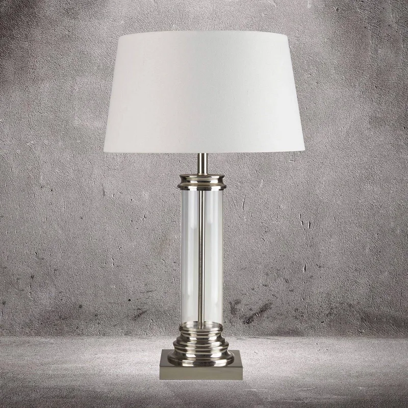 Tafellamp Pedestal, zilver met kap in crème de Searchlight en Zilver satijn, Helder, Crème – photo produit