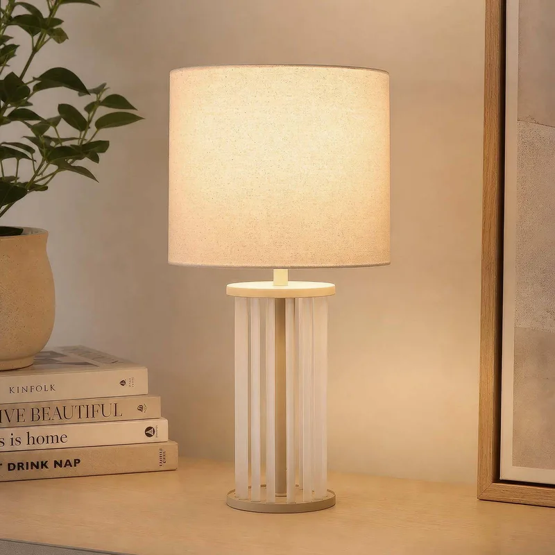 Tafellamp Swizzle, beige, glas, textiel, hoogte 42 cm, E27 de Searchlight en Beige, Wit gesatineerd – photo produit