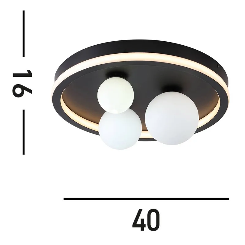 Trident LED plafondlamp, zwart, Ø 40 cm, staal/opaalglas de Searchlight en Noir, Opaalwit – photo produit