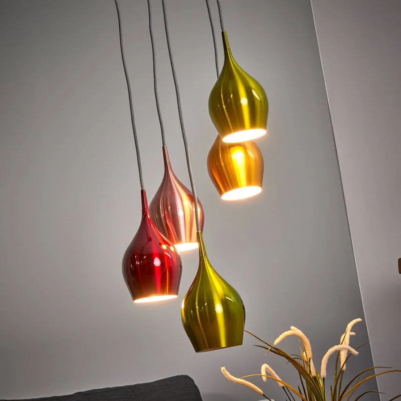 Vibrant - hanglamp m. kleurige schermen 5 lichtbr. de Searchlight en Chrome, Vert, Rouge, Orange, Jaune – photo produit