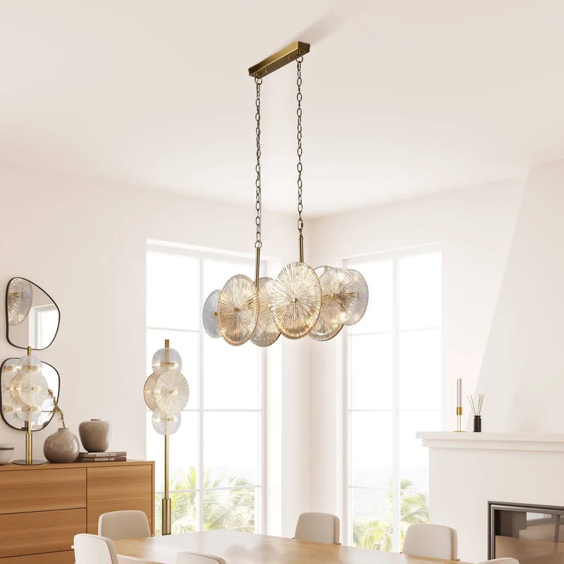 Wagenwiel hanglamp, 10-lamps van Searchlight in Messing, Helder, Amber – productfoto
