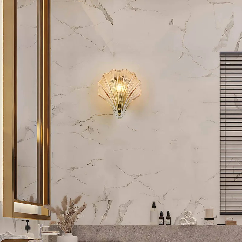 Wandlamp, getint, schelpvorm, glas, IP44 de Searchlight en Amber – photo produit