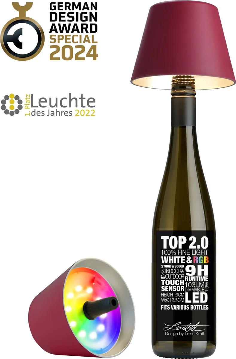 Flessenlamp " Top " met houdbare kurk| Led| - indoor / outdoor - acculamp de Sompex en Bordeaux – photo produit