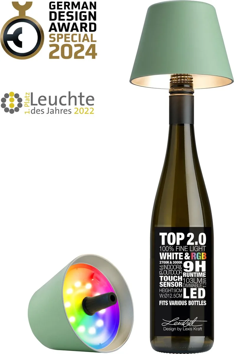 Flessenlamp " TOP " met houdbare kurk| Led| - indoor / outdoor - oplaadbaar de Sompex en Olijfgroen – photo produit