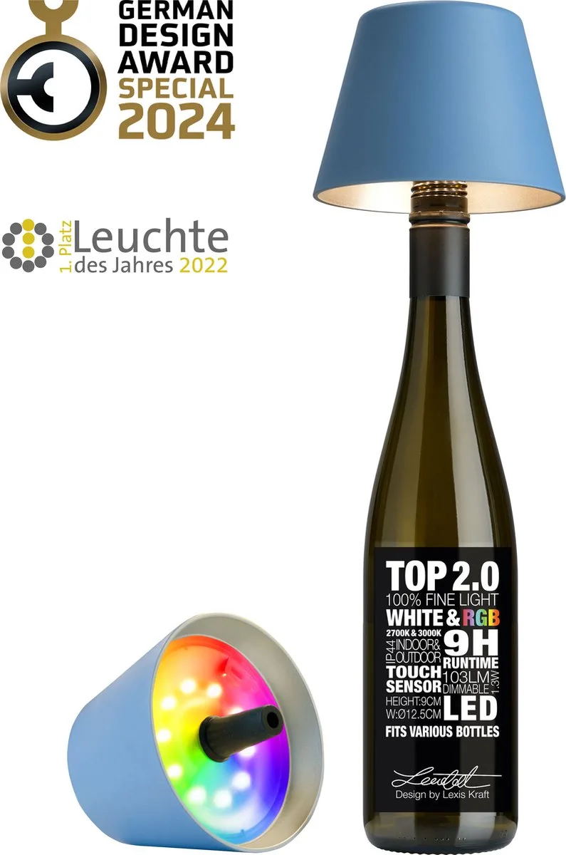 Flessenlamp " TOP " met houdbare kurk| Led| - oplaadbaar - indoor / outdoor - dimbaar - met RGBacculamp by Sompex in Blue – product photo