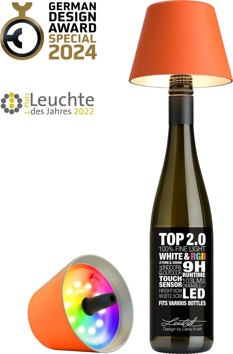 Flessenlamp " TOP" met houdbare kurk| Led | Oranje - oplaadbaar - indoor / outdoor - acculamp van Sompex in Oranje – productfoto