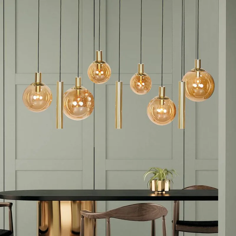 Hanglamp Bollique, messing, 9-lamps lang, glas, metaal von Steinhauer in Messing, Barnsteen – Produktfoto