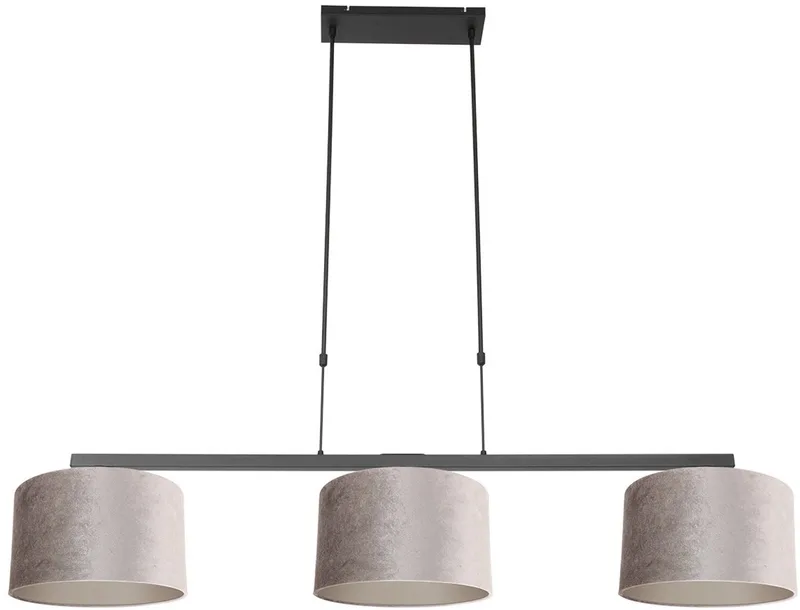 Hanglamp Stang 3459ZW - Zwart met grijze velours kappen - Hoogte instelbaar - Metaal en textiel de Steinhauer en Gris – photo produit