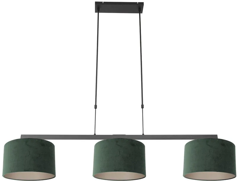 Hanglamp Stang 3463ZW - Zwart met 3 groene velours kappen, Ø 30 cm, hoogte instelbaar, van Steinhauer - Landelijke stijl - Binnengebruik von Steinhauer in Grün – Produktfoto