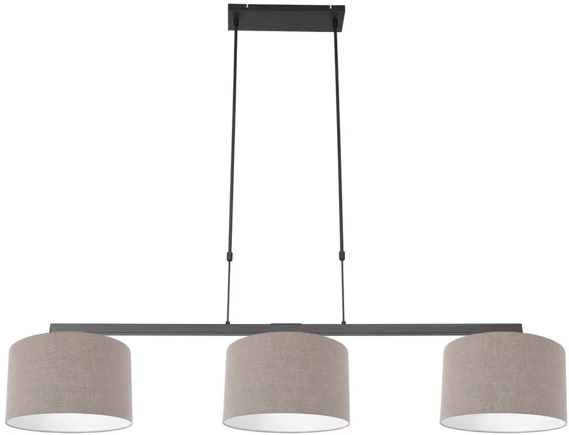 Hanglamp Zwart Stang 3462ZW met Grof Linnen Kappen - Hoogte Instelbaar, Metaal/Textiel från Steinhauer i Grå – produktbild