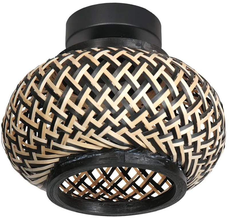 Nox Light 4501ZW plafondlamp – Trendy zwart metaal en bamboe kap, diameter 23 cm, hoogte 14 cm – Steinhauer Plafonnieres de Steinhauer en Beige, Noir – photo produit