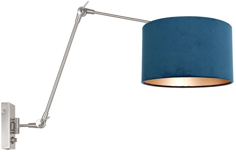Staalkleurige wandlamp Prestige Chic 8238ST met blauwe velours kap van Steinhauer, modern ontwerp, gemaakt van metaal en textiel, kantelbaar en geschikt voor binnengebruik de Steinhauer en Bleu, Argent – photo produit