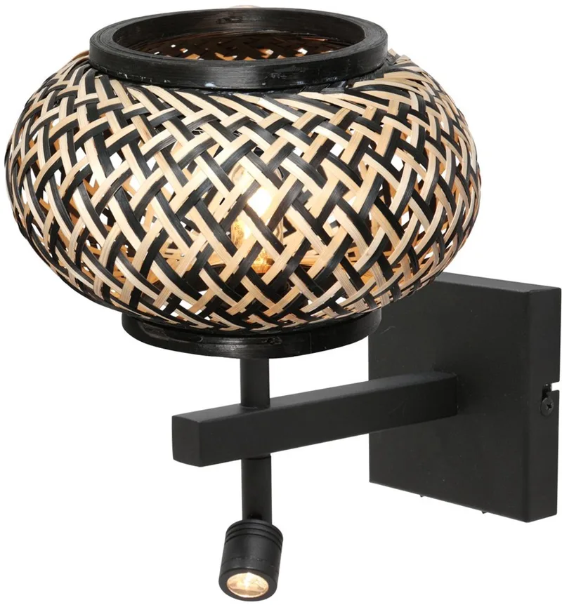 Wandlamp Nox Light 4456ZW met bamboe kap en flexibel leeslicht, zwart metaal, Ø 23 cm, Steinhauer von Steinhauer in Beige, Schwarz – Produktfoto