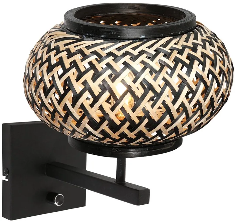 Wandlamp Nox Light 4459ZW - trendy bamboe en zwart metaal, diameter 23 cm, hoogte 14 cm, Steinhauer von Steinhauer in Beige, Schwarz – Produktfoto