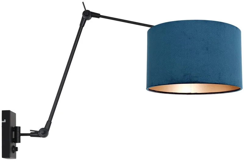 Wandlamp Prestige Chic 8240ZW - Zwart met blauw velours kap - Modern design - Metaal en textiel - Kantelbaar en arm is uitklapbaar en draaibaar fra Steinhauer i Blå, Sort – produktbillede