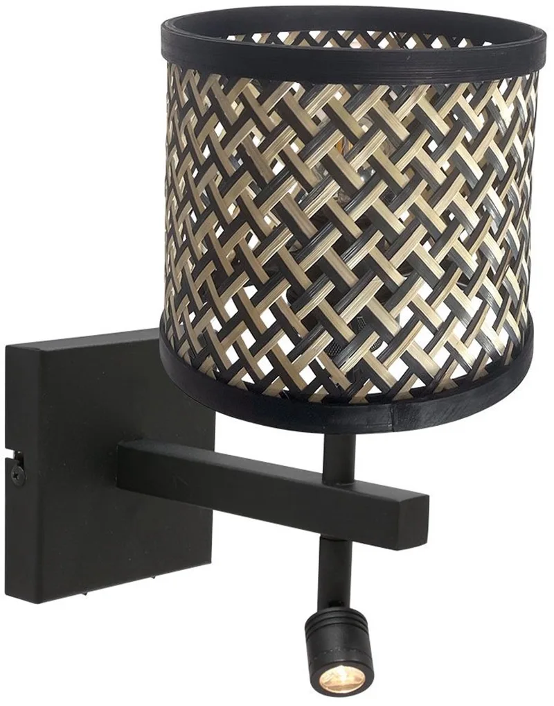 Wandlamp Stang 3701ZW met leeslamp van bamboe en metaal, trendy design, zwart, geschikt voor binnen, Steinhauer fra Steinhauer i Beige, Sort – produktbillede