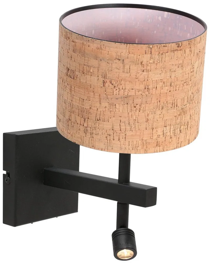 Wandlamp Stang 4350ZW met beige kurken kap en zwart metalen armatuur, eigentijds design voor binnen, inclusief draaibaar en kantelbaar leeslampje, merk Steinhauer de Steinhauer en Beige, Noir – photo produit