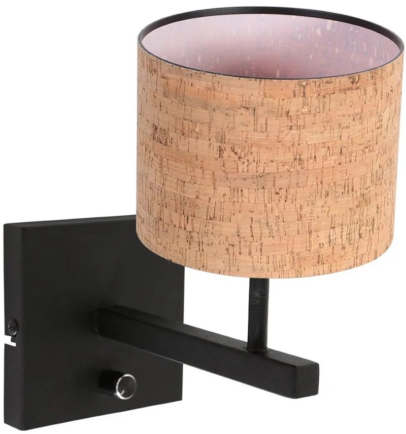 Wandlamp Stang 4352ZW met beige kurk kap en zwart metalen armatuur, E27 fitting, ideaal voor binnengebruik, merk Steinhauer, eigentijdse stijl van Steinhauer in Beige, Zwart – productfoto