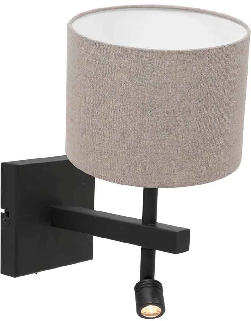 Wandlamp Stang 8203ZW van Steinhauer, zwart metaal en grijze linnen kap, draaibaar en kantelbaar, met leeslamp, E27 fitting, 40W max, geschikt voor binnengebruik by Steinhauer in Grey – product photo