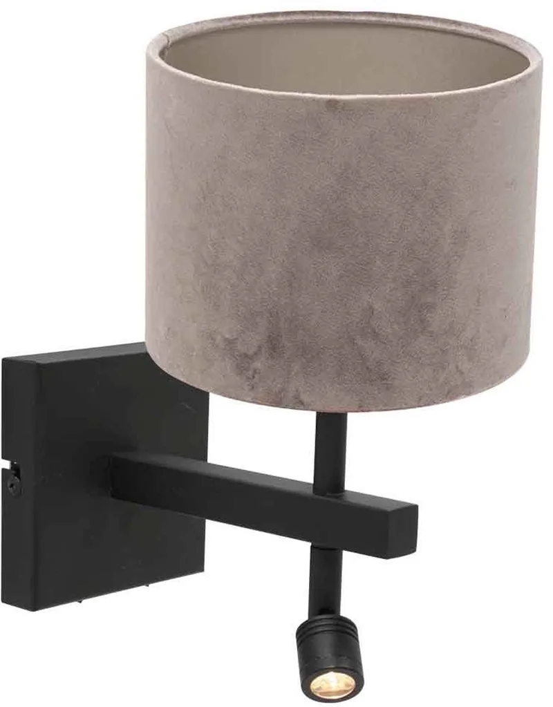 Wandlamp Stang 8206ZW van Steinhauer - Zwart met grijze velours kap, metalen materiaal, draaibaar en kantelbaar, geschikt voor E27 fitting, modern design van Steinhauer in Grijs, Zwart – productfoto