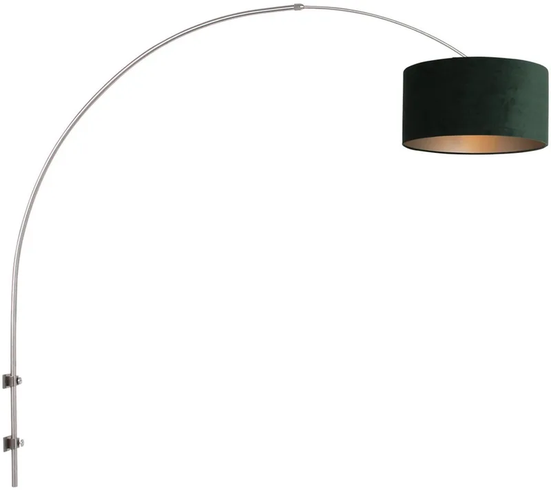Wandlamp Steinhauer Sparkled Light 8145ST met groene velours kap, staalkleurig, 145 cm hoog en 40 cm diameter, draaibaar, kantelbaar en uitschuifbaar fra Steinhauer i Grøn, Sølv – produktbillede