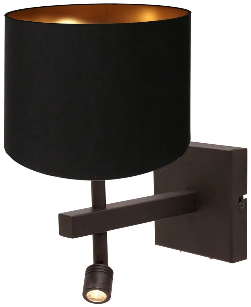 Wandlamp Steinhauer Stang 4869CA met cacao kleurig metaal, zwart linnen kap, E27 fitting, draaibaar en kantelbaar, inclusief apart leeslampje voor binnen gebruik de Steinhauer en Marron – photo produit