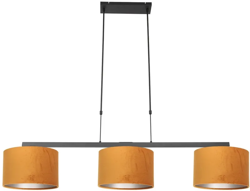 Zwarte 3-lichts hanglamp met goudkleurige velours kappen van stof, hoogteinstelbaar, Stang familie, Steinhauer fra Steinhauer i Guld, Sort – produktbillede