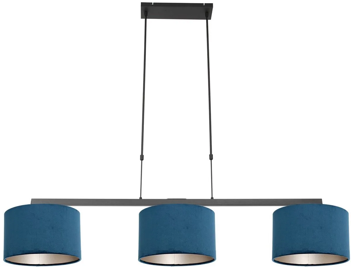 Zwarte 3-lichts hanglamp Stang 3464ZW met blauw velours kappen, metaal, hoogte instelbaar, Steinhauer, landelijk stijl de Steinhauer en Bleu, Noir – photo produit
