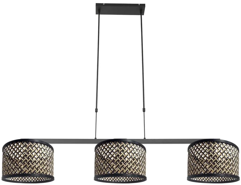 Zwarte 3-lichts hanglamp Stang 3743ZW van Steinhauer, trendy ontwerp met bamboe en metaal afwerking, hoogte instelbaar, afmeting kappen rond 30 cm, geschikt voor binnengebruik by Steinhauer in Beige, Black – product photo