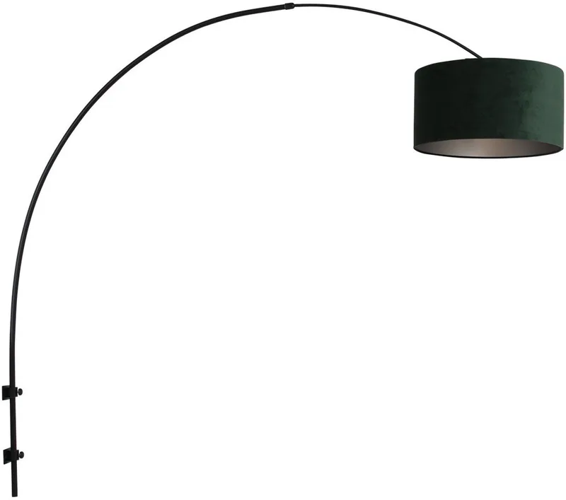 Zwarte boog wandlamp 8139ZW met groen velours kap, metaal en textiel, 145 cm hoog - Sparkled Light de Steinhauer en Vert, Noir – photo produit