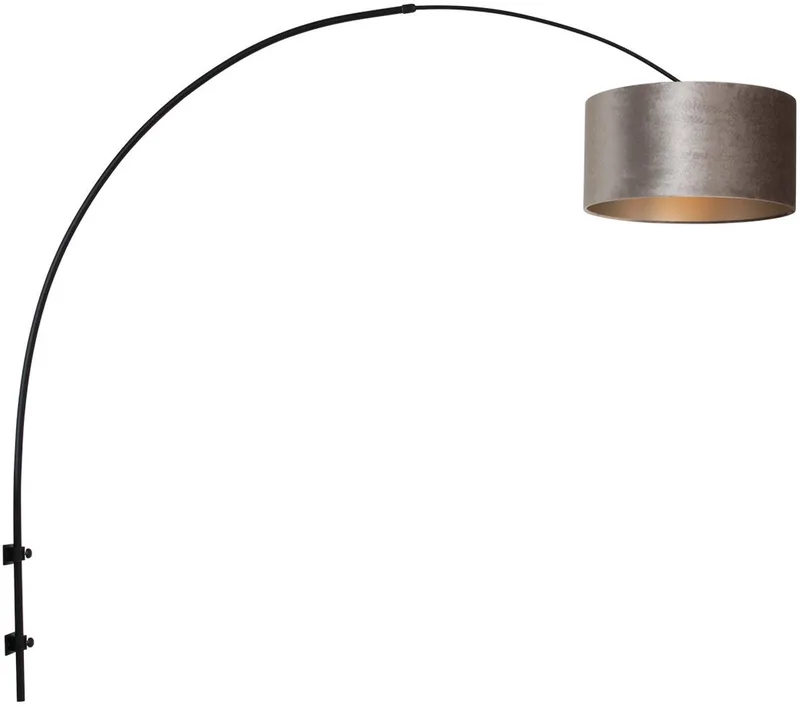 Zwarte boog wandlamp met grijs velours kap, 145 cm hoog, 40 cm diameter, modern klassiek stijl, Sparkled Light, Steinhauer de Steinhauer en Gris, Noir – photo produit