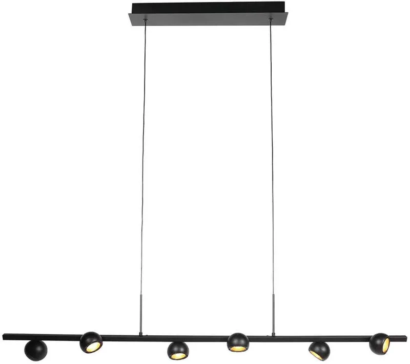 Zwarte hanglamp Marcadore 120cm breed 6 lichts met draaibare reflector kogels, verstelbaar in hoogte, van Steinhauer van kunststof en metaal, modern retro stijl, voor binnen gebruik de Steinhauer en Noir – photo produit