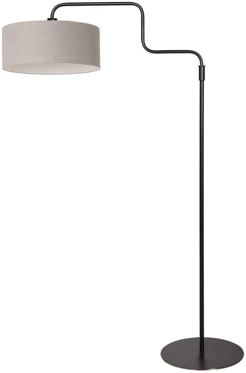 Zwarte Vloerlamp Bloeba 4163ZW van Steinhauer - Verstelbaar van 150-165 cm, Draaibaar en Uitschuifbaar, Metaal en Textiel, Grijze Grof Linnen Kap Ø40cm van Steinhauer in Grijs, Zwart – productfoto