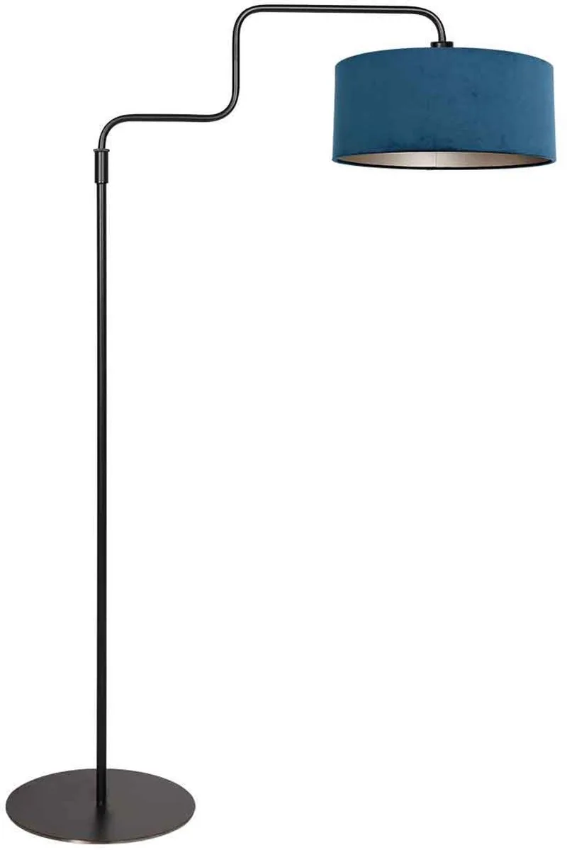 Zwarte Vloerlamp Bloeba 4169ZW van Steinhauer met verstelbare hoogte (150-165 cm) en uitrekbare zwenkarm tot 66 cm, metalen basis met blauwe velours kap Ø40cm, trendy design voor binnen. från Steinhauer i Blå, Svart – produktbild
