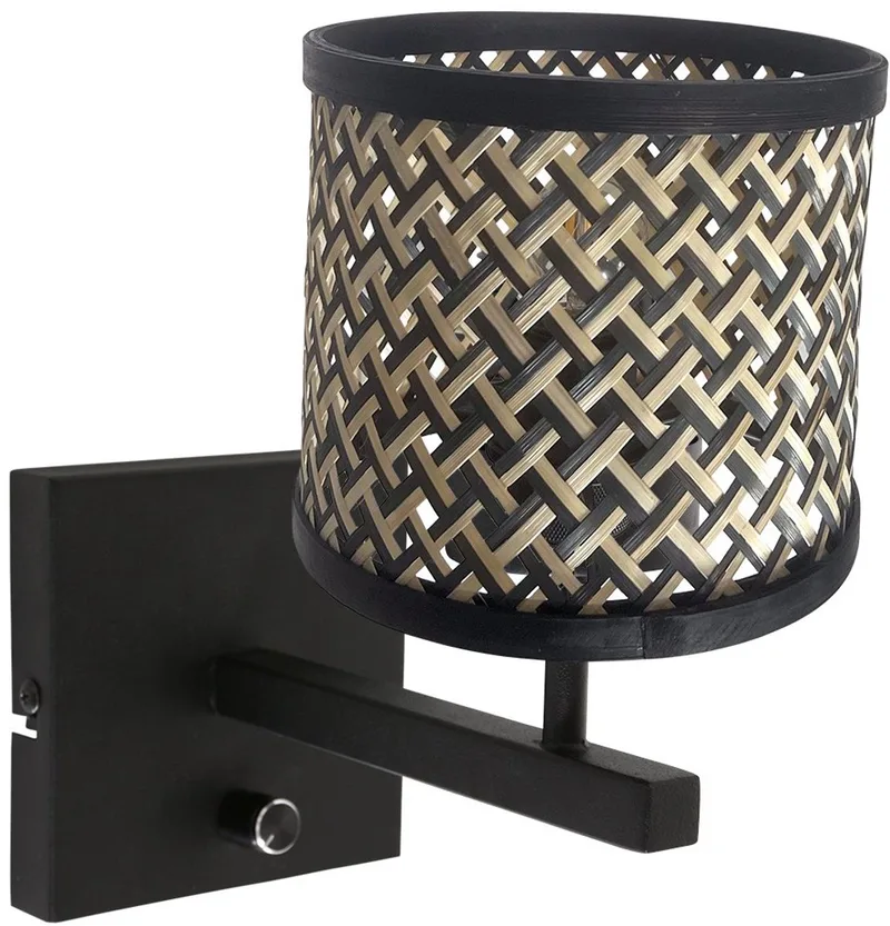 Zwarte wandlamp Stang 3709ZW met draai schakelaar, naturel zwart bamboe kap Ø 20 cm, trendy design, Steinhauer de Steinhauer en Beige, Noir – photo produit