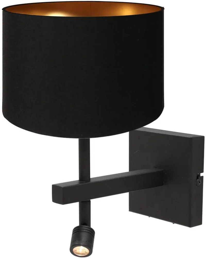 Zwarte wandlamp Stang 7193ZW van Steinhauer met metalen armatuur, tekstiele kap, leeslamp, draaibaar en kantelbaar, geschikt voor binnen gebruik fra Steinhauer i Sort – produktbillede