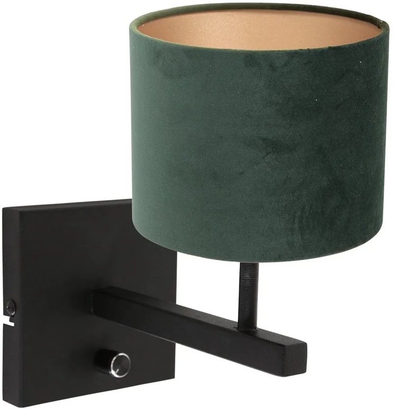 Zwarte wandlamp Stang 8174ZW met schakelaar, groene velours stof kap, metaal en textiel, Steinhauer - Modern design voor binnen gebruik de Steinhauer en Vert – photo produit