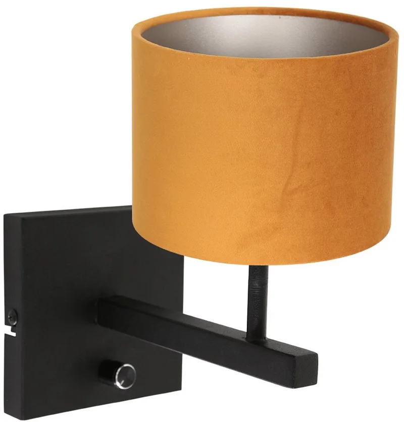 Zwarte Wandlamp Stang 8176ZW met Schakelaar, Gouden Velours Stof Kap, Metaal en Textiel, Steinhauer - Modern Design voor Binnengebruik von Steinhauer in Gold – Produktfoto
