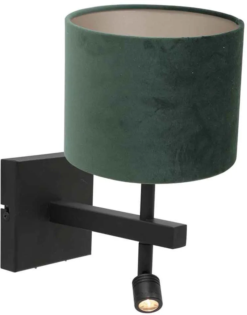 Zwarte wandlamp Stang 8205ZW van Steinhauer met leeslamp, draaibaar en kantelbaar, gemaakt van metaal en textiel, met groene velours kap, geschikt voor binnengebruik by Steinhauer in Green – product photo