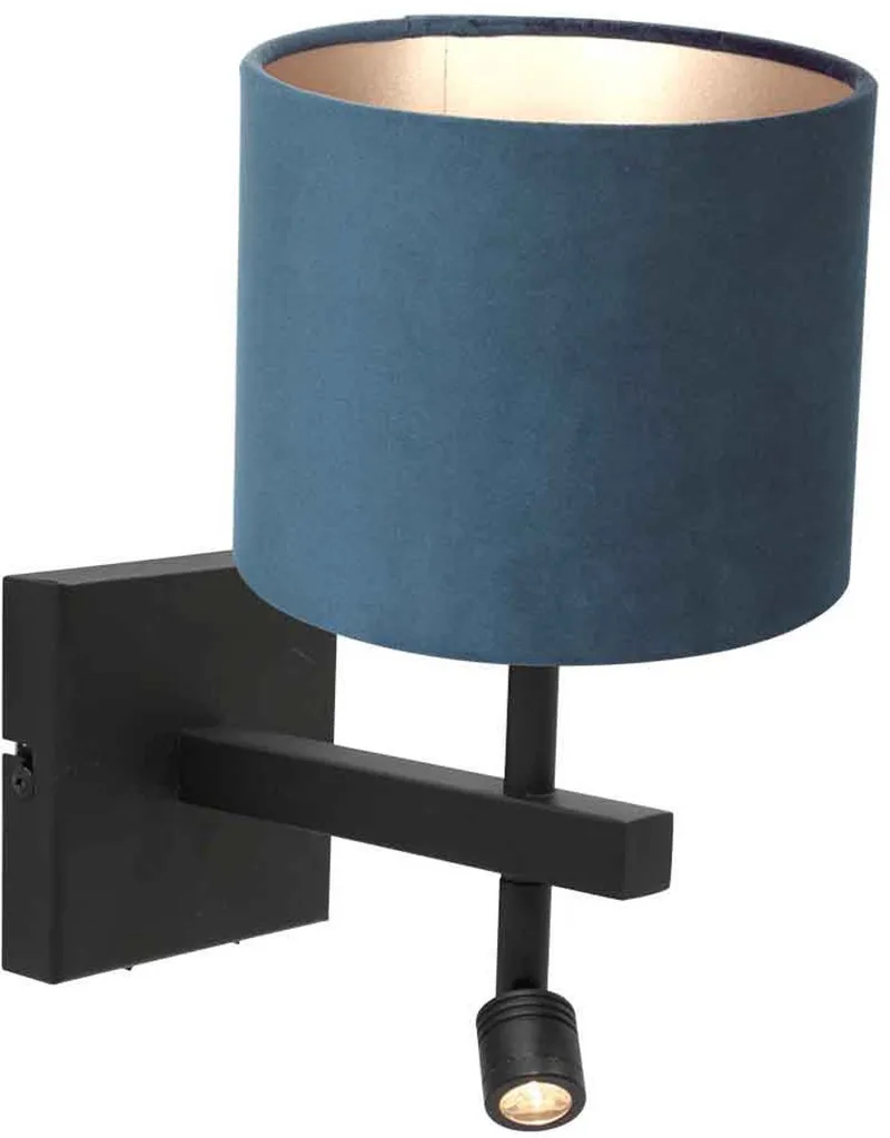 Zwarte wandlamp Stang 8208ZW met leeslamp en blauw velours kap - Metaal, Modern, Draaibaar en Kantelbaar fra Steinhauer i Blå, Sort – produktbillede