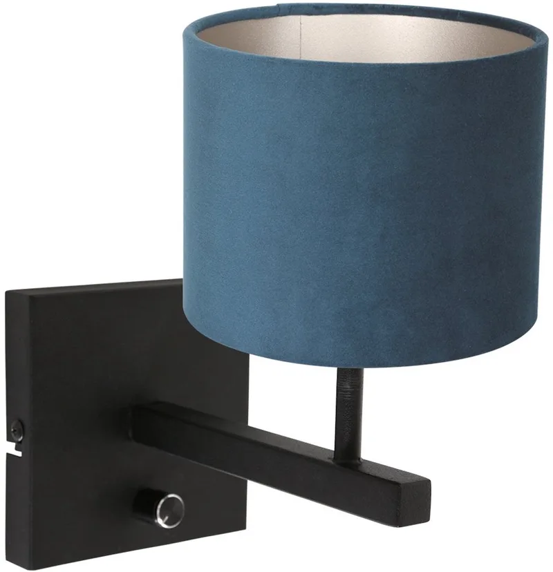 Zwarte wandlamp Stang 8251ZW met schakelaar en blauwe velours stof kap, modern design, metaal en textiel, geschikt voor binnengebruik van Steinhauer in Blauw, Zwart – productfoto