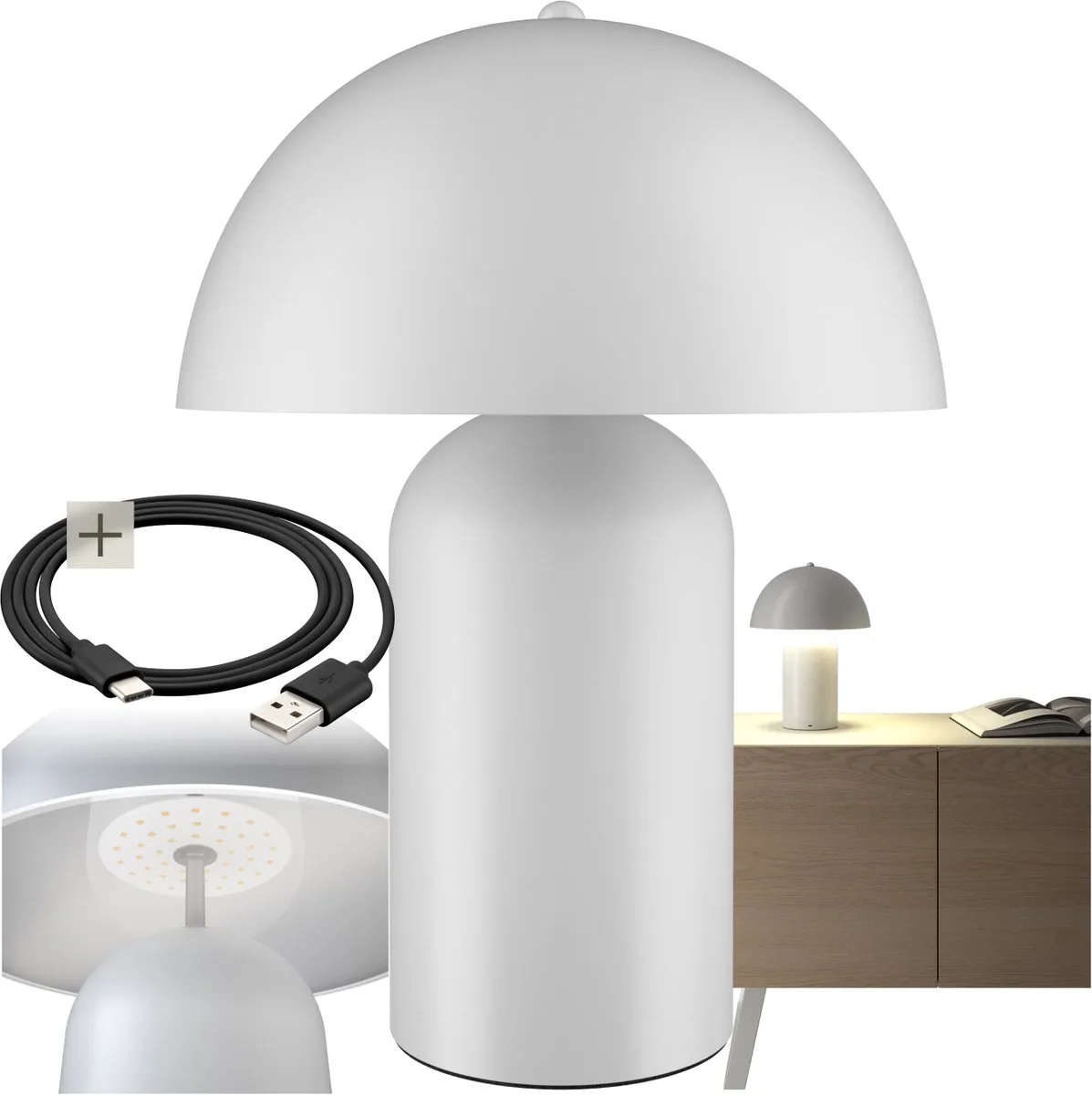 Retro Tafellamp - Paddenstoeldesign - Vintage Lamp - Warm Wit Licht - Touch Schakelaar - Draadloos - Dimbaar - 5W - Oplaadbaar - Draadloos - Hoogte 34 cm - Wit de tectake en Blanc – photo produit