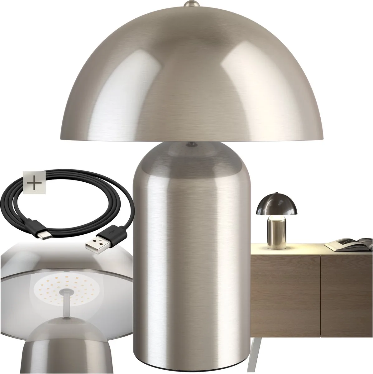 Retro Tafellamp - Paddenstoeldesign - Vintage Lamp - Warm Wit Licht - Touch Schakelaar - Draadloos - Dimbaar - 5W - Oplaadbaar - Draadloos - Hoogte 34cm de tectake en Nikkel – photo produit