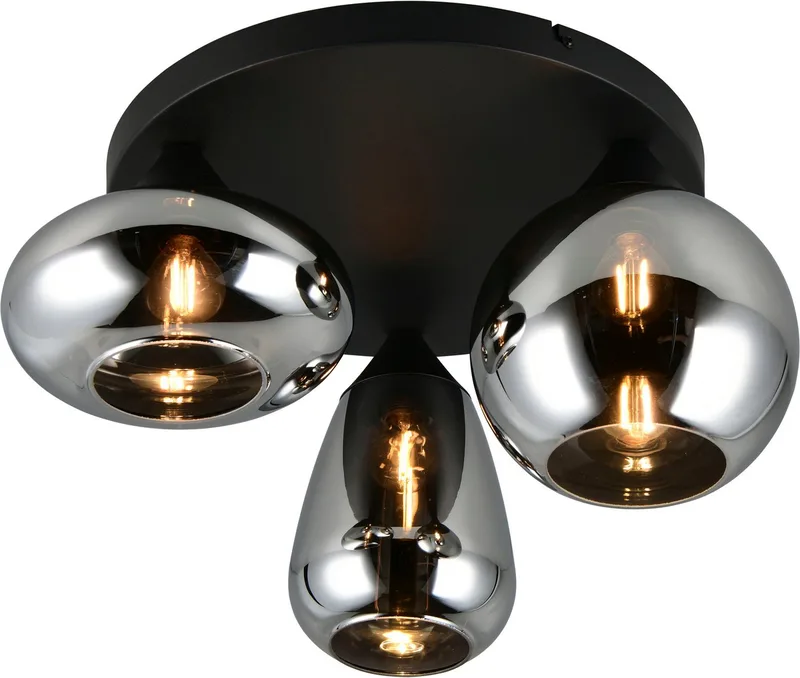 Deckenleuchte Lumina, Deckenlampe 3-flammig mit Glasschirm, exkl 3x E14, max 10W, Leuchtmittel wechselbar, warmweiß - kaltweiß, Ø 49 cm Höhe 25 cm, spiegelnde Glas Lampenschirme in 3 modernen Formen von Trio in Schwarz – Produktfoto