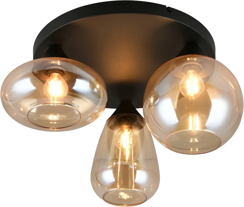 Deckenleuchte Lumina, Deckenlampe 3-flammig mit Glasschirm, exkl 3x E14, max 10W, Leuchtmittel wechselbar, warmweiß - kaltweiß, Ø 49 cm Höhe 25 cm, spiegelnde Glas Lampenschirme in 3 modernen Formen de Trio en Noir – photo produit