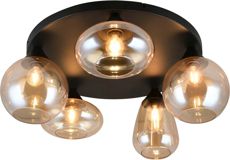 Deckenleuchte Lumina, Deckenlampe 5-flammig mit Glasschirm, exkl 5x E14, max 10W, Leuchtmittel wechselbar, warmweiß - kaltweiß, Ø 64 cm Höhe 25 cm, spiegelnde Glas Lampenschirme in 3 modernen Formen fra Trio i Sort – produktbillede
