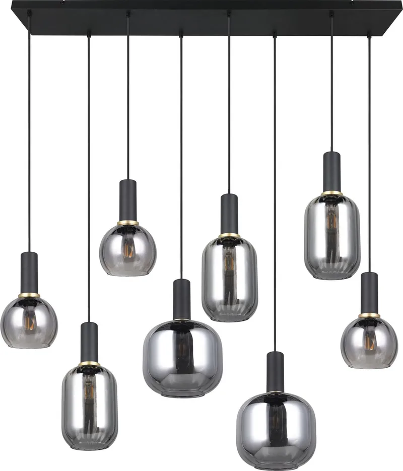 DIVA - Hanglamp - Rookglas - excl. 8x E27 10 W - Plafondbevestiging - In hoogte verstelbaar de Trio en Zwart mat – photo produit